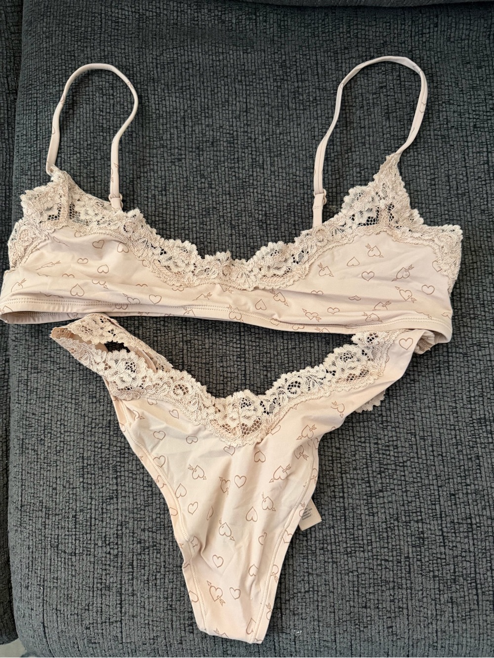 Women's Lace-Trim Print Bralette & Thong Set — Mica Sketched Hearts